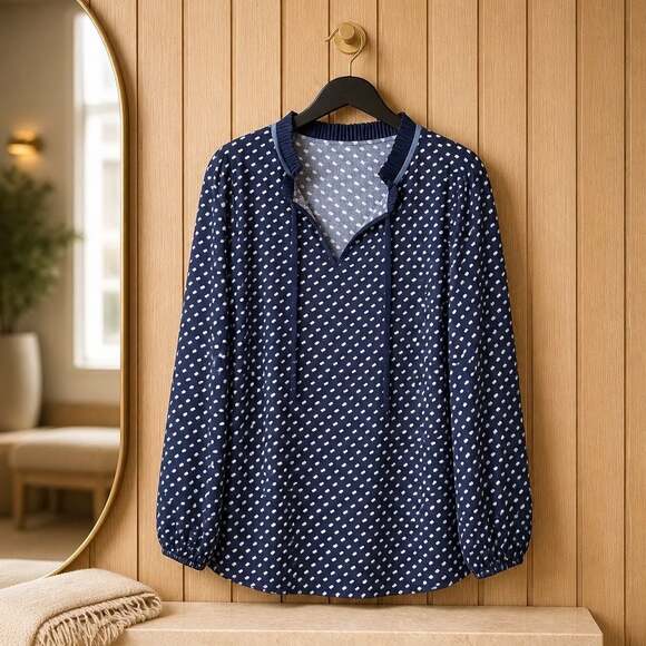 Talbots Tops - Talbots Plus Size 2X Navy Blue Polka Dot Pleated Neck Long Sleeve Blouse #419